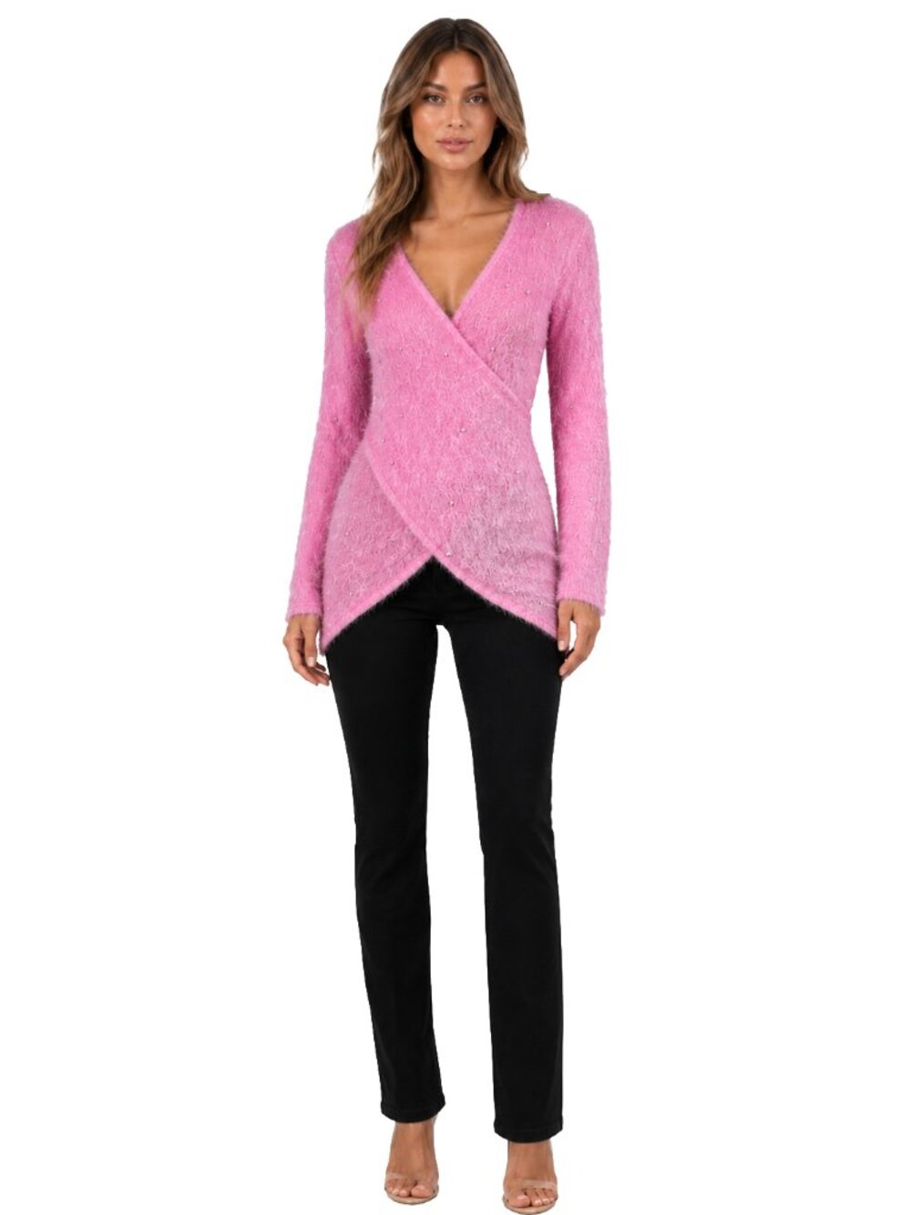 Pink Fuzzy Faux Pearl Wrap Sweater Y2K Glam Barbiecore Night Out Top